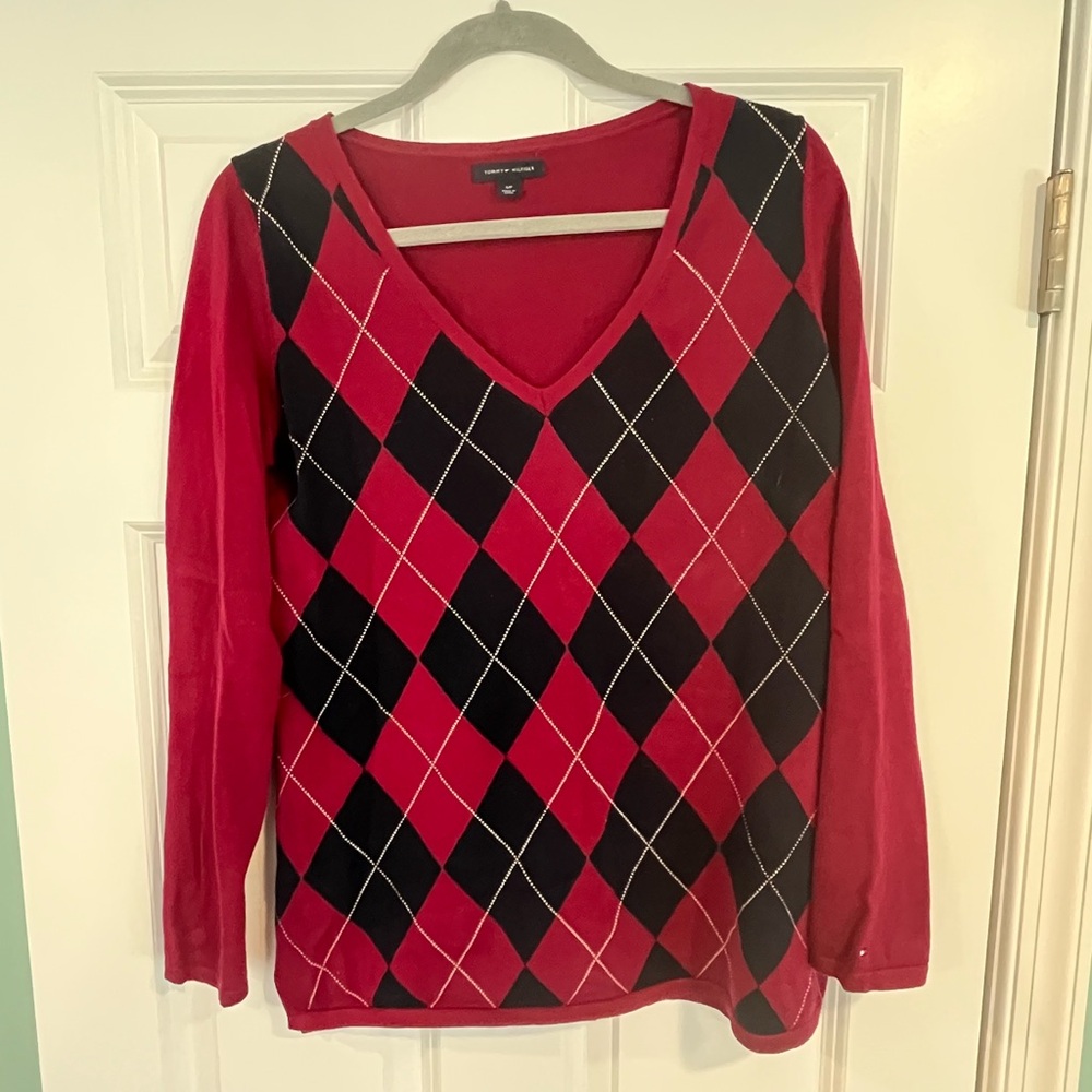 Tommy Hilfiger Red Knit Argyle Sweater